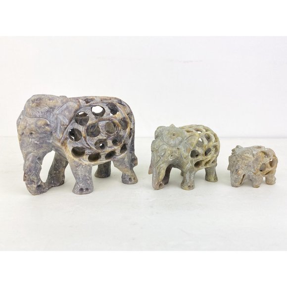 Indian Set of 3 Hand Carved Soapstone Elephant Undercut Double Layered Home Deco
